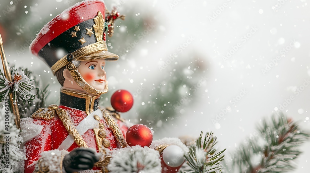 A festive toy soldier ornament amidst snow and evergreen branches. A festive toy soldier ornament amidst snow and evergreen branches.