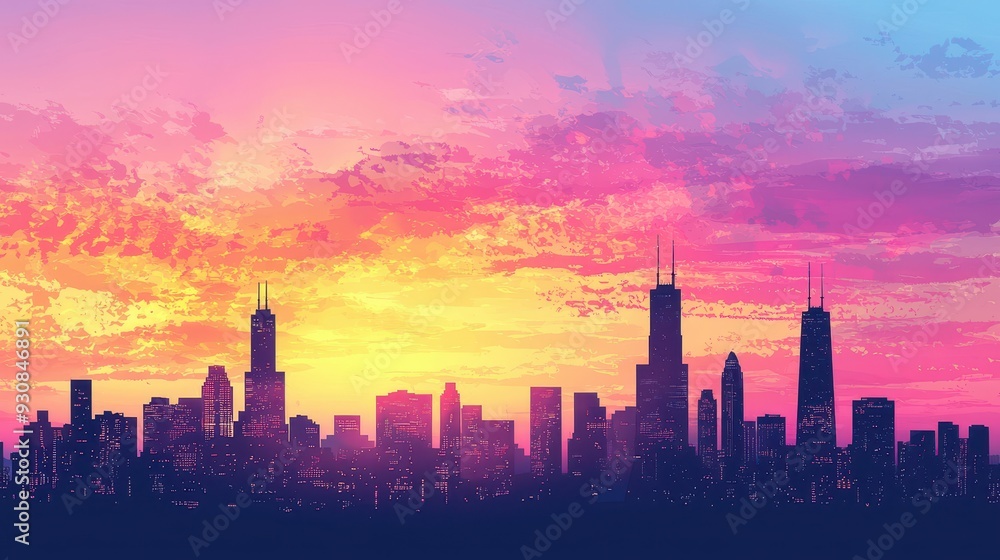 Cityscape Silhouette at Sunset with Pink and Yellow Clouds Cityscape Silhouette at Sunset with Pink and Yellow Clouds