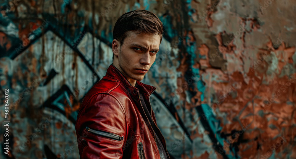 Young man in a red leather jacket poses confidently against an urban graffiti backdrop in late afternoon light Young man in a red leather jacket poses confidently against an urban graffiti backdrop in late afternoon light