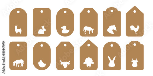 Set of 12 gift or price tags shapes with farm animals. Vector templates for cutting. Craft paper and cardboard discount label cut files