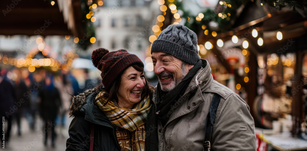 Couple enjoying a festive market with holiday lights in a city square during winter Couple enjoying a festive market with holiday lights in a city square during winter