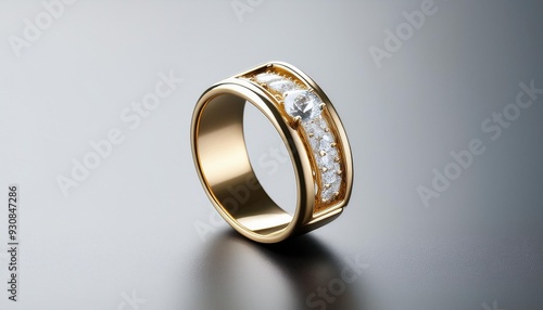 Blank gold ring with diamond mockup stand, half-turned view