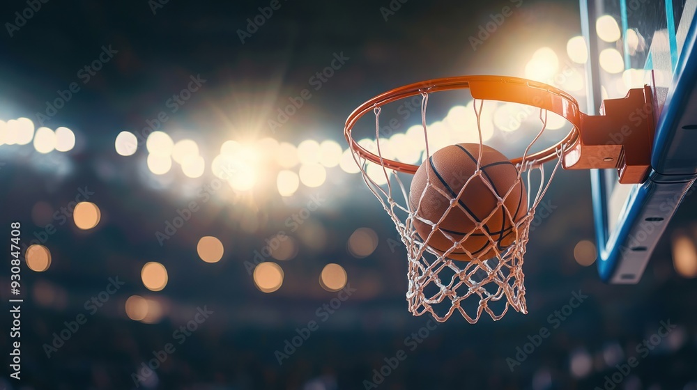 Basketball Scoring in Hoop with Stadium Lights in Background Basketball Scoring in Hoop with Stadium Lights in Background