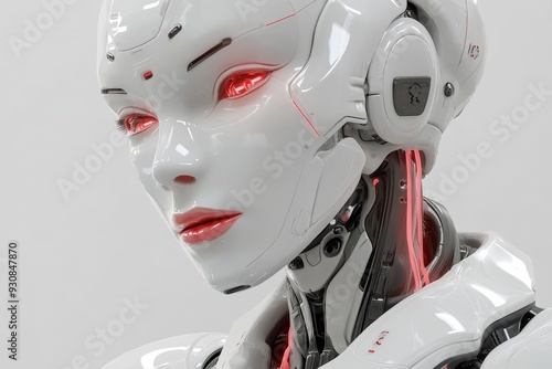 Futuristic Female Android with Red Eyes and Mechanical Face Representing the Integration of AI Technology and Robotics in a Sci Fi World