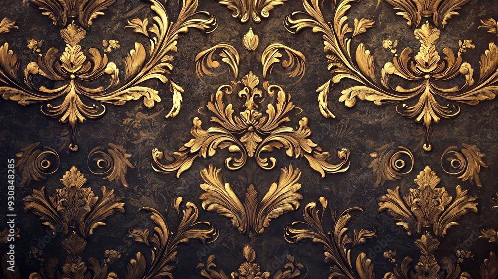 Ornate golden floral pattern on a dark background, suitable for wallpaper or design. Ornate golden floral pattern on a dark background, suitable for wallpaper or design.