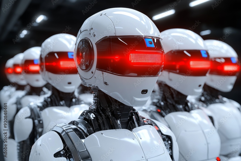 Futuristic White and Red Androids with Glowing Red Visors Highlighting Advanced AI Technology and Robotics in a Sci Fi World Futuristic White and Red Androids with Glowing Red Visors Highlighting Advanced AI Technology and Robotics in a Sci Fi World