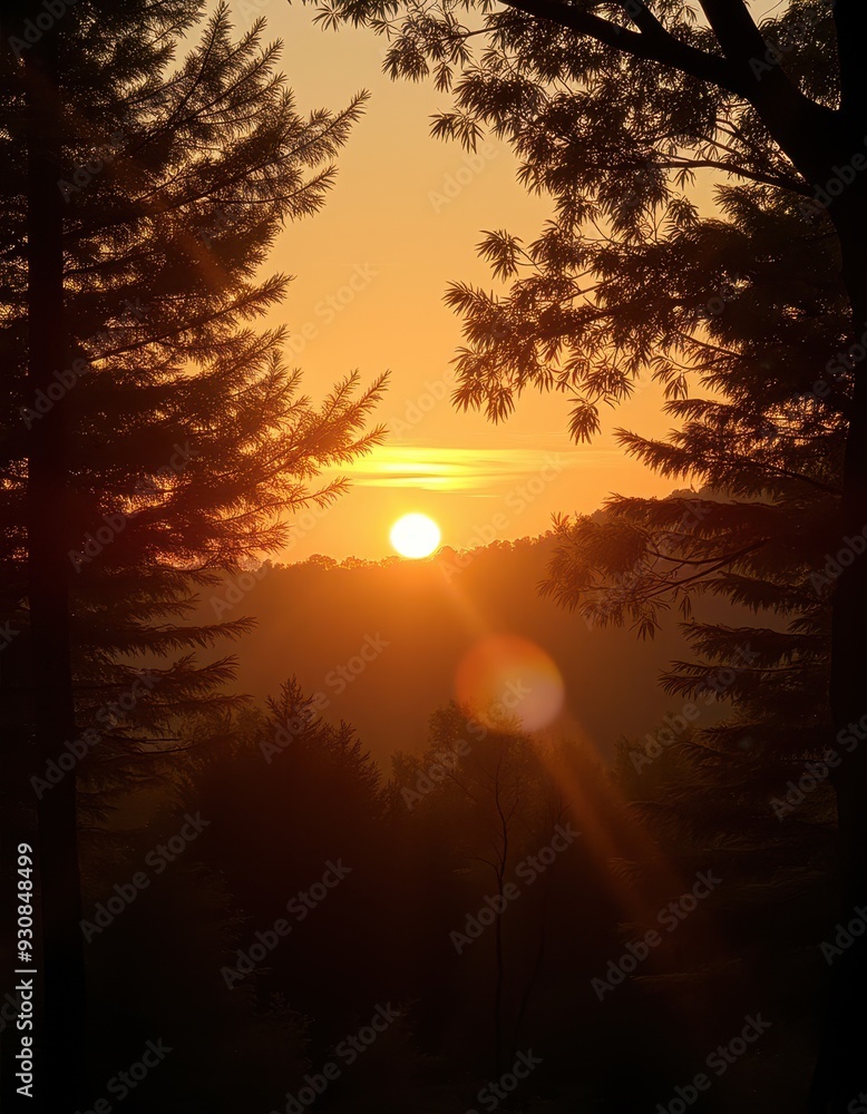 A serene sunset view with the sun setting behind distant hills, framed by tall trees, casting a warm, orange glow in the forest. A serene sunset view with the sun setting behind distant hills, framed by tall trees, casting a warm, orange glow in the forest.