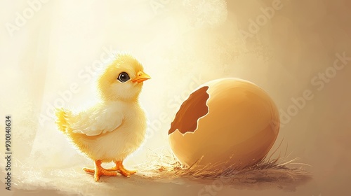 Cute Newborn Chickling  Hatching from Cracked Egg Shell