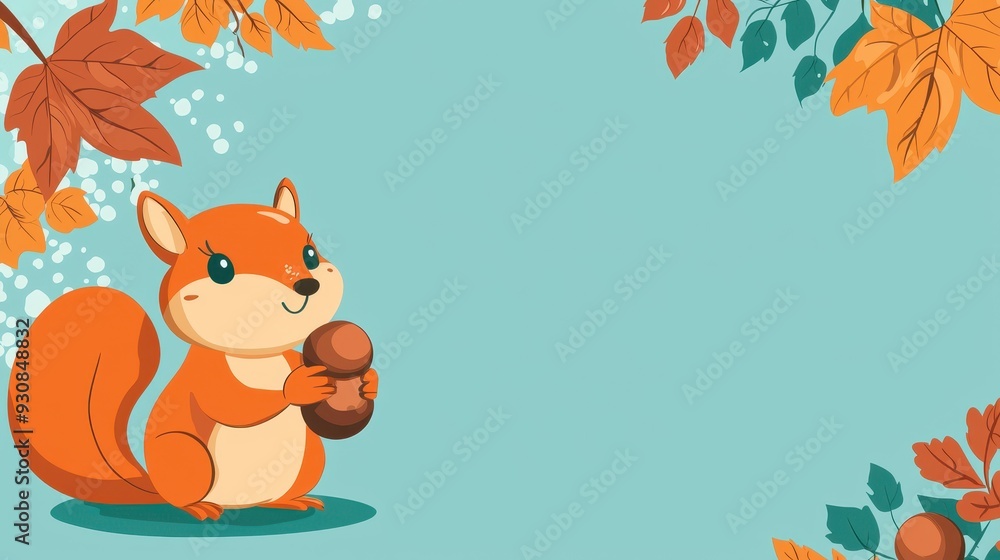 Fototapeta premium Cute Cartoon Squirrel Holding Acorn Autumn Leaves Background