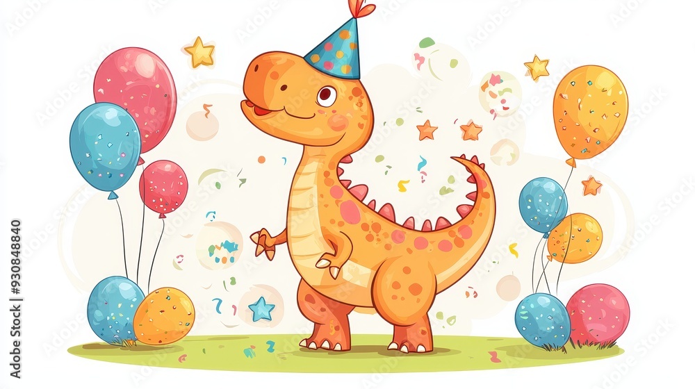 Cute Dinosaur Birthday Party with Balloons and Confetti