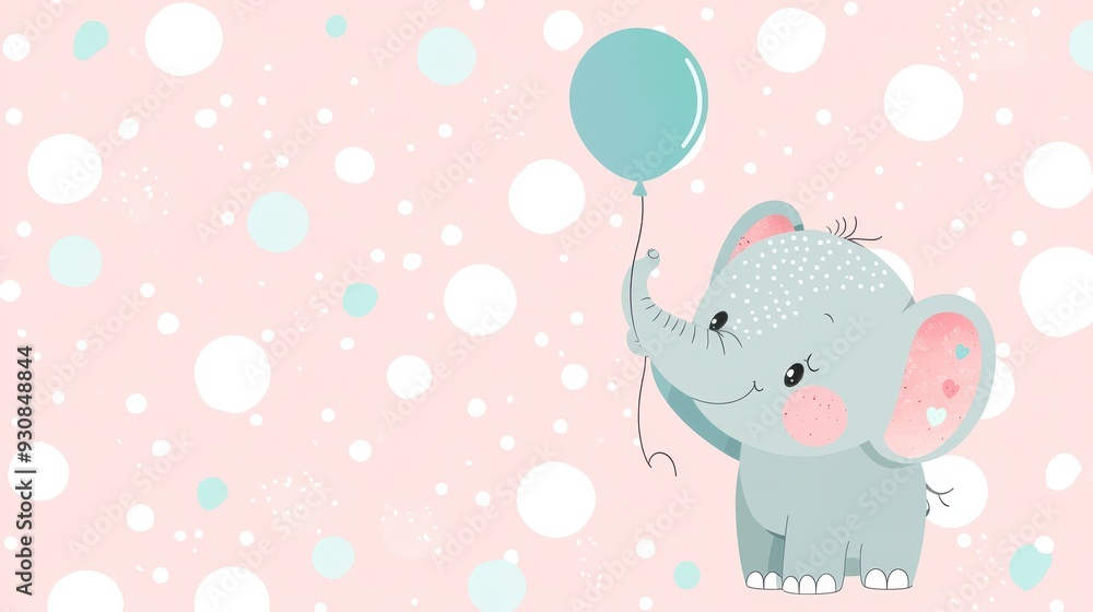 Cute Elephant Holding Balloon on Pink Dotted Background Cute Elephant Holding Balloon on Pink Dotted Background