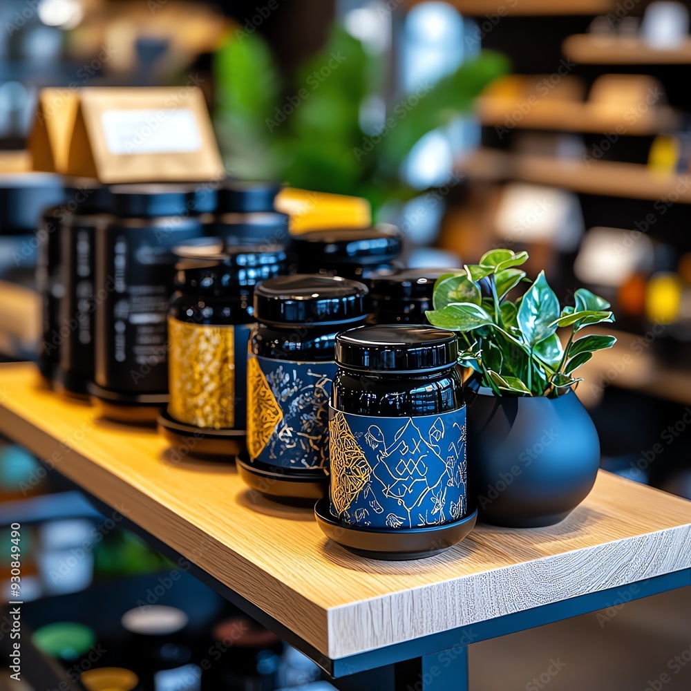 Assortment of jars with intricate blue labels on a wooden shelf with a potted plant. Assortment of jars with intricate blue labels on a wooden shelf with a potted plant.