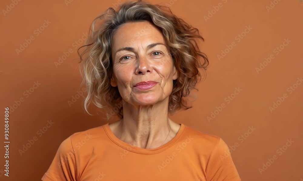 Portrait of a smiling middle-aged woman on a brown background Portrait of a smiling middle-aged woman on a brown background