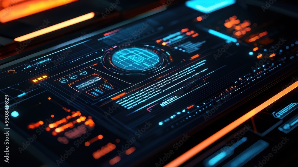 Futuristic Interface with Glowing Lights and Text Display Futuristic Interface with Glowing Lights and Text Display