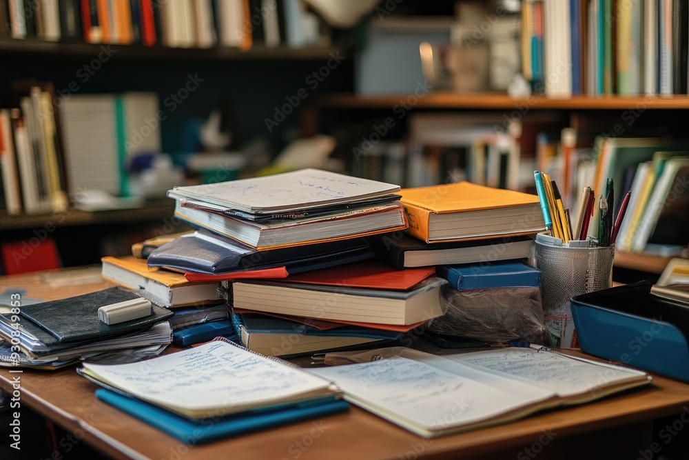 A messy desk with books and notebooks. This photo shows a cluttered desk perfect for depicting a busy student or writer. A messy desk with books and notebooks. This photo shows a cluttered desk perfect for depicting a busy student or writer.