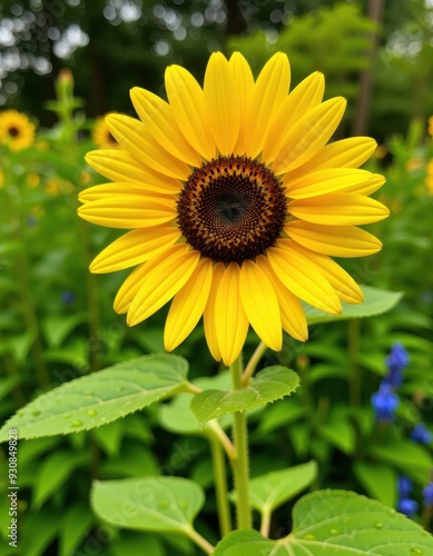 A vibrant single yellow sunflower in full bloom, standing tall amidst lush green foliage with a blurred background of additional flowers.