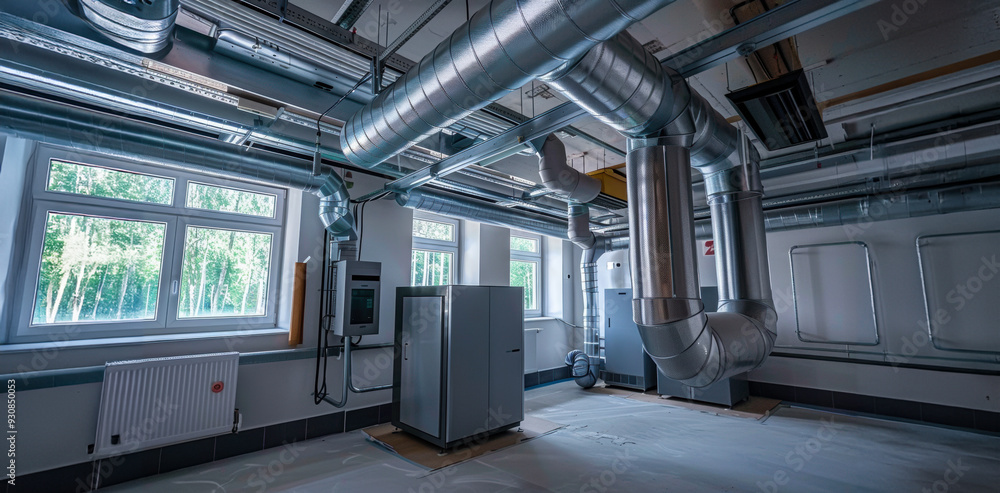 Industrial ventilation system in a modern mechanical room with large pipes and equipment Industrial ventilation system in a modern mechanical room with large pipes and equipment