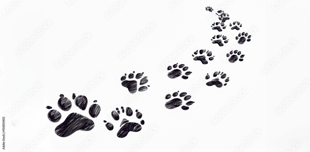 Fototapeta premium Animal paw prints leading across a white surface in a playful trail
