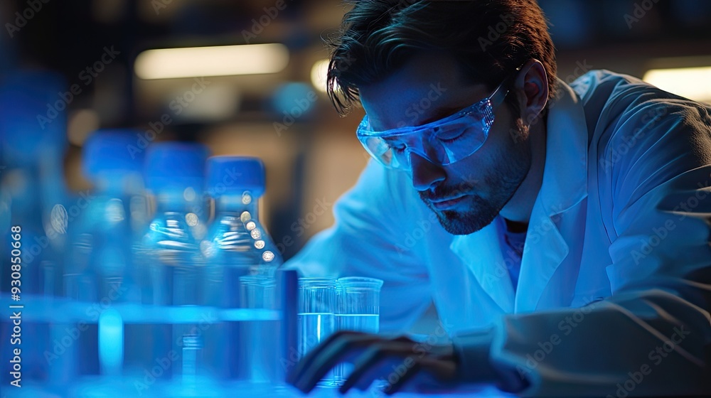 A scientist works in a lab with blue lighting. The scientist is examining chemical samples in a lab, possibly conducting research or experiments. A scientist works in a lab with blue lighting. The scientist is examining chemical samples in a lab, possibly conducting research or experiments.