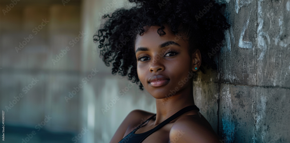 Young woman with natural curls poses against a textured wall in a casual outdoor setting during the day Young woman with natural curls poses against a textured wall in a casual outdoor setting during the day