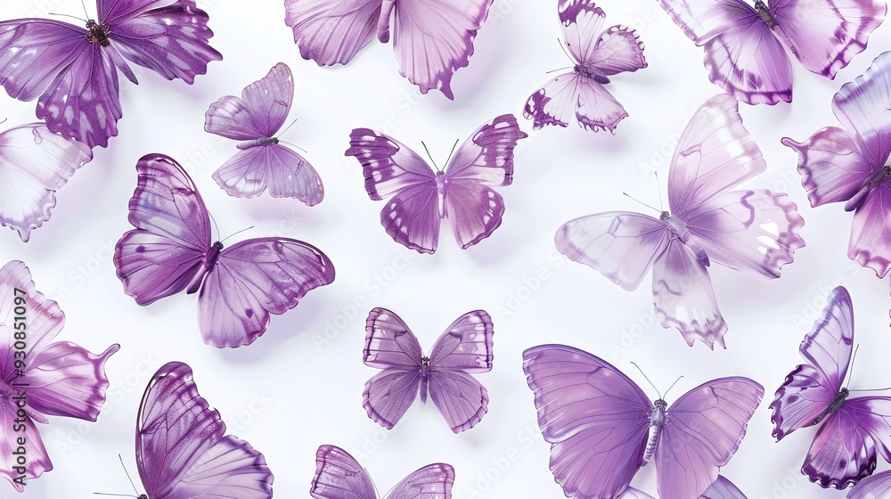 A collection of delicate purple butterflies arranged on a white background. Generative ai A collection of delicate purple butterflies arranged on a white background. Generative ai