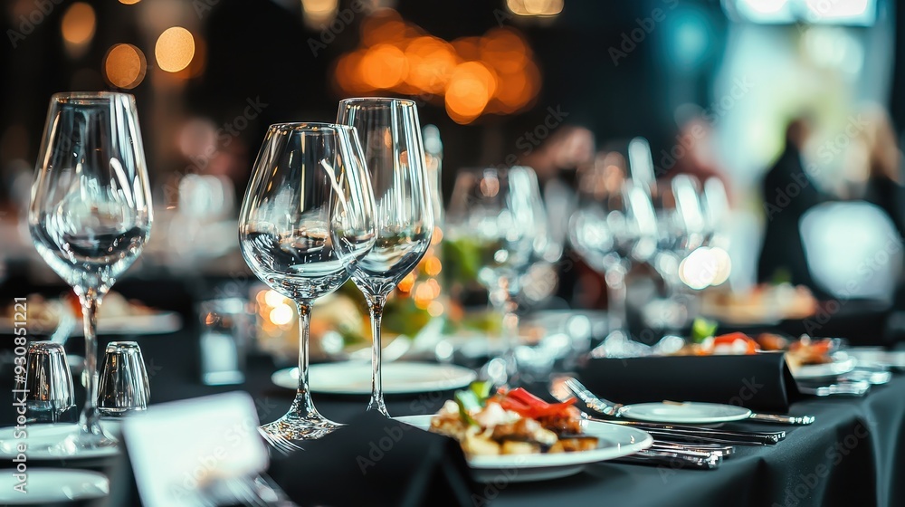 Elegant Dinner Table Setting with Wine Glasses Black Tablecloth and Blurred Bokeh Background Elegant Dinner Table Setting with Wine Glasses Black Tablecloth and Blurred Bokeh Background