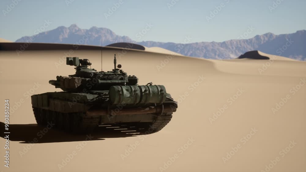 A military tank moves across desert sands with distant mountains in the background. A military tank moves across desert sands with distant mountains in the background.