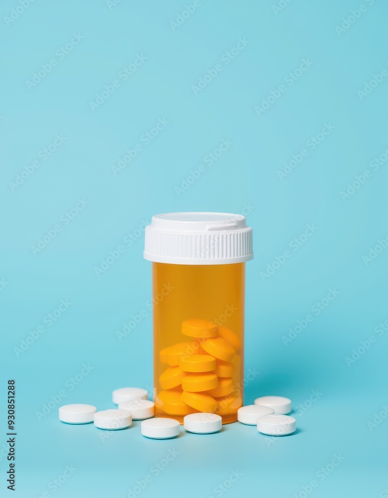 A bottle of orange tablets with a white cap, surrounded by white pills on a light blue background, depicting medication or healthcare theme. A bottle of orange tablets with a white cap, surrounded by white pills on a light blue background, depicting medication or healthcare theme.
