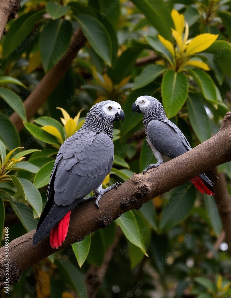 Two African Grey Parrots perched on a tree branch, engaging with each other amidst lush green foliage. Two African Grey Parrots perched on a tree branch, engaging with each other amidst lush green foliage.