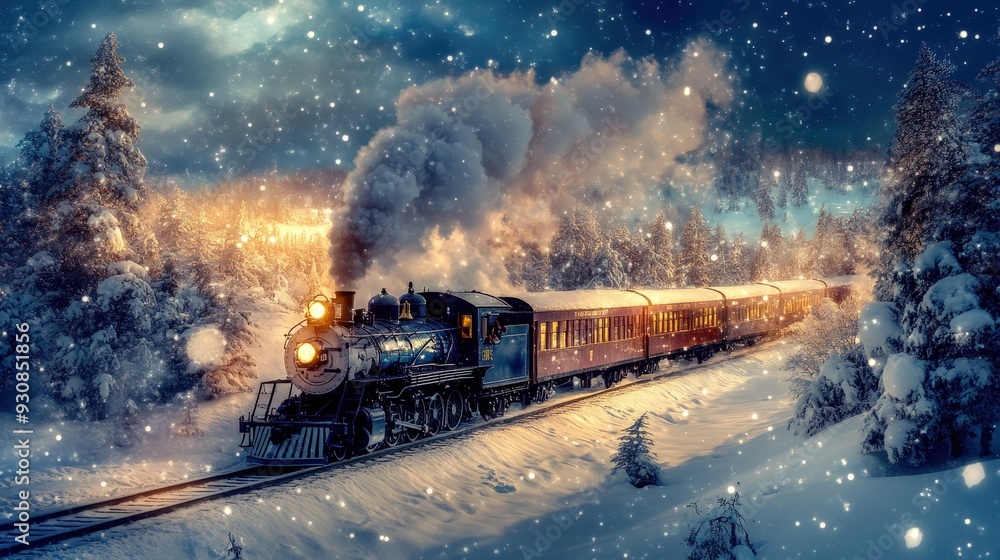 Majestic Polar Express Train Journey Through a Snow-Covered Winter Wonderland at Sunrise Majestic Polar Express Train Journey Through a Snow-Covered Winter Wonderland at Sunrise