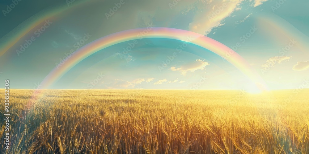 Brilliant Double Rainbow over Brightly Lit Grain Field on a Dull Summer Evening Brilliant Double Rainbow over Brightly Lit Grain Field on a Dull Summer Evening