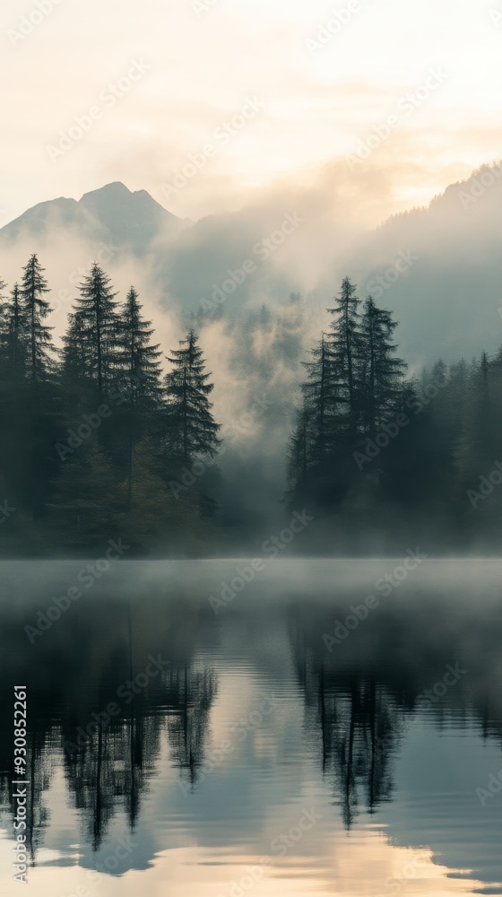 Naklejka premium Misty morning lake with mountain backdrop and