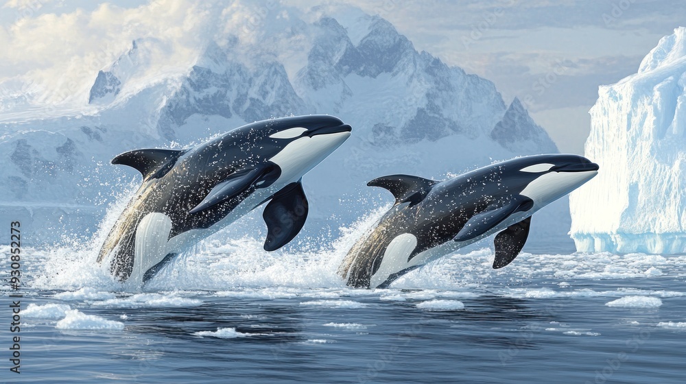 Fototapeta premium Orcas Leaping in the Arctic