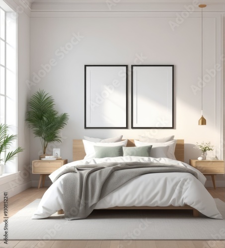 plain white frame in a cozy bedroom, 3d rendering