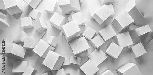 Abstract arrangement of white cubes scattered on a light background