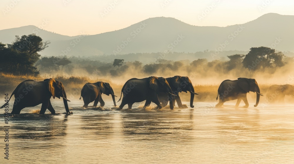 Fototapeta premium Elephant Herd Walking Through River at Sunrise