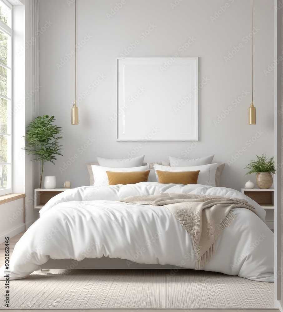 plain white frame in a cozy bedroom, 3d rendering plain white frame in a cozy bedroom, 3d rendering