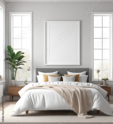 plain white frame in a cozy bedroom, 3d rendering
