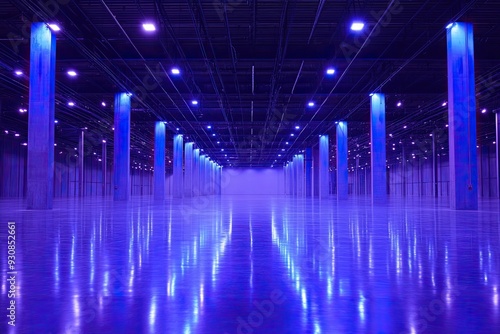 Empty warehouse with blue lighting. Perfect for creating a futuristic or industrial aesthetic in your projects.