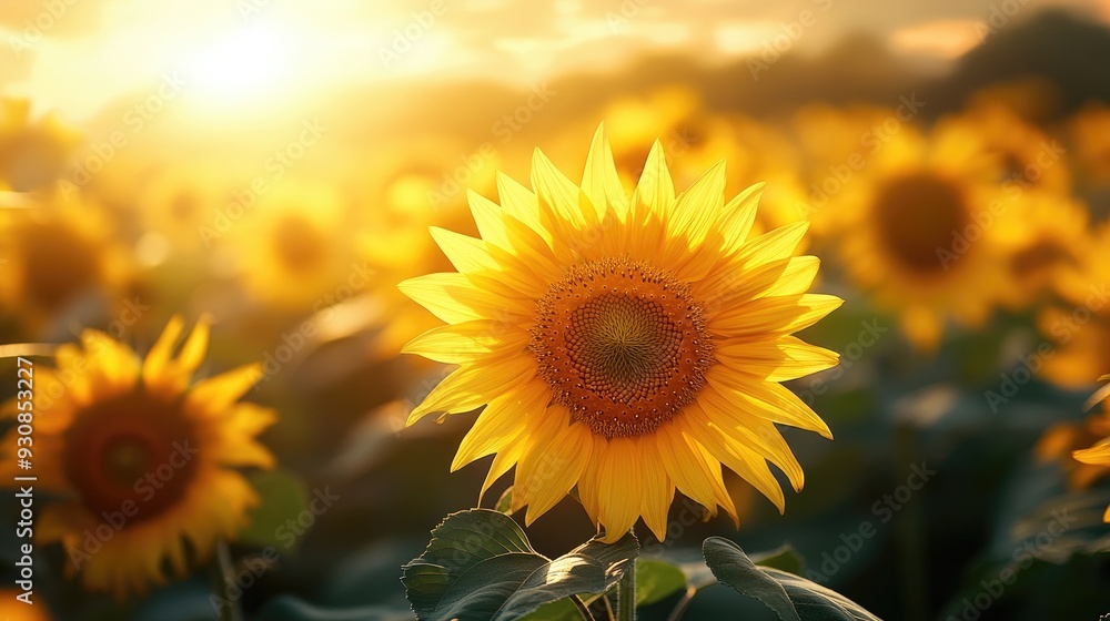 Obraz premium A vibrant sunflower blooms in a field. Perfect for projects about nature, summer, or happiness.