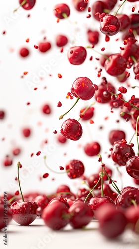 Freshly Rinsed Cherries Falling in a White Kitchen, Red Currants Cherry Fruit Wallpaper, Raw Culinary Ingredient Backdrop, Isolated Organic Food Background for Restaurant Cookbook Recipe Agriculture