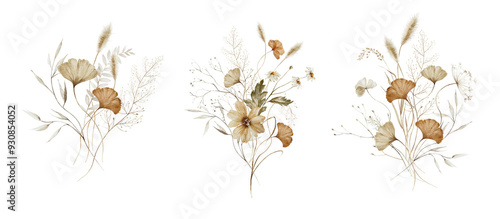 Fototapeta Naklejka Na Ścianę i Meble -  Watercolor floral illustration - wildflowers bouquet set. Autumn fall dried flowers leaves. Wedding invitations, greetings, wallpapers, fashion, background texture, wrapping. Yellow white silver dull.