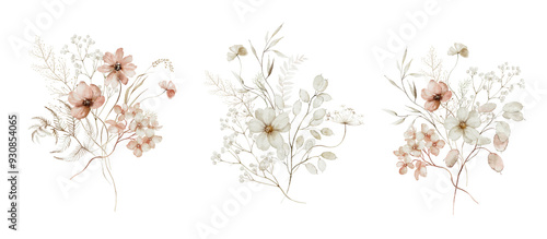 Fototapeta Naklejka Na Ścianę i Meble -  Watercolor floral illustration - wildflowers bouquet set. Autumn fall dried flowers leaves. Wedding invitations, greetings, wallpapers, fashion, background texture, wrapping. Yellow white silver dull.