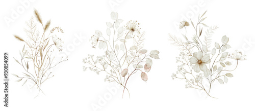 Fototapeta Naklejka Na Ścianę i Meble -  Watercolor floral illustration - wildflowers bouquet set. Autumn fall dried flowers leaves. Wedding invitations, greetings, wallpapers, fashion, background texture, wrapping. Yellow white silver dull.