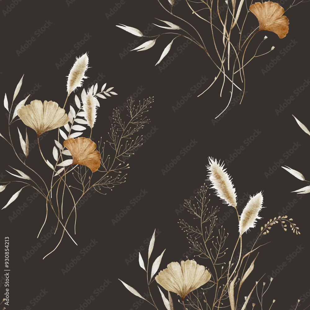 Fototapeta Seamless watercolor floral pattern - autumn fall dried dull flower elements, leaves branches on black dark background. Prints wallpapers postcards greetings cards wedding invites. Yellow white silver.