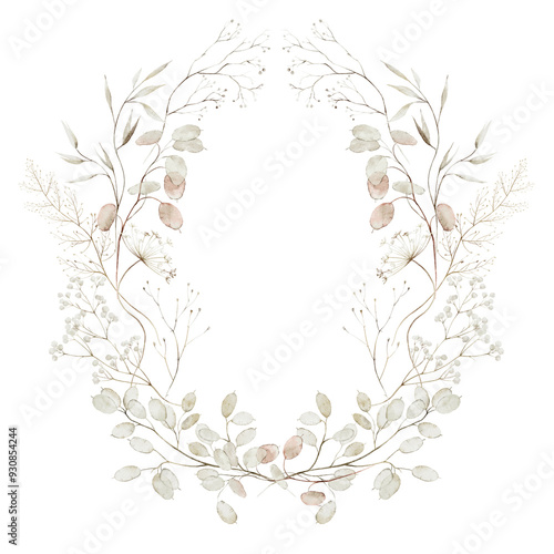 Watercolor floral illustration - wildflowers wreath frame. Autumn fall dried flowers, leaves, for wedding invitations, greetings, wallpapers, fashion, background, texture, wrapping. White silver dull.