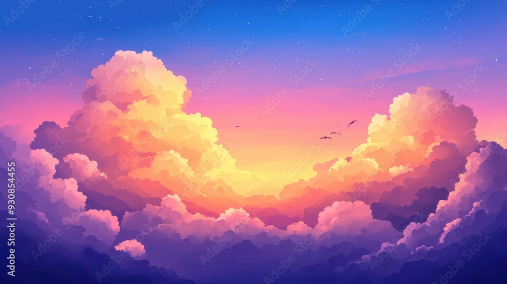 Beautiful Pink and Purple Sunset Sky with Fluffy Clouds and Birds Beautiful Pink and Purple Sunset Sky with Fluffy Clouds and Birds