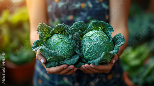 hands holding a large, ripe cabbage in a sunlit field. The fresh green vegetable symbolizes growth, nurturing, and the harvest season, capturing the essence of sustainable farming and natural abundanc photo