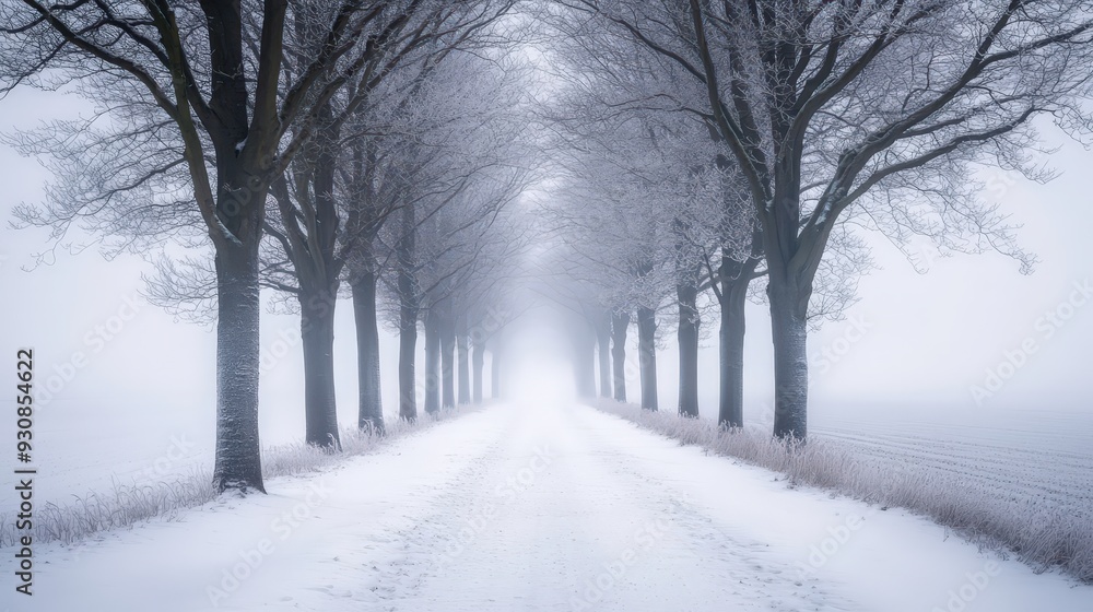 Naklejka premium Winter Pathway: A Snow-Covered Road Lined with Bare Trees in a Serene Landscape