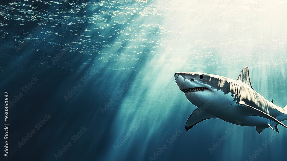 Fototapeta premium Great White Shark Swimming in the Ocean with Sunlight